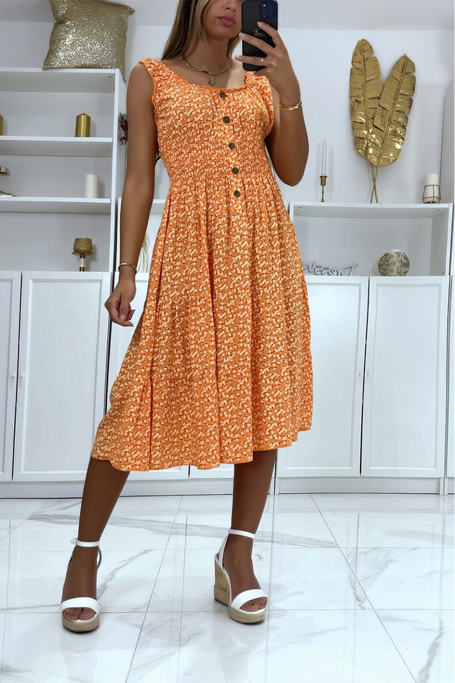 Robe mi long col bateau motif liberty orange  - 3