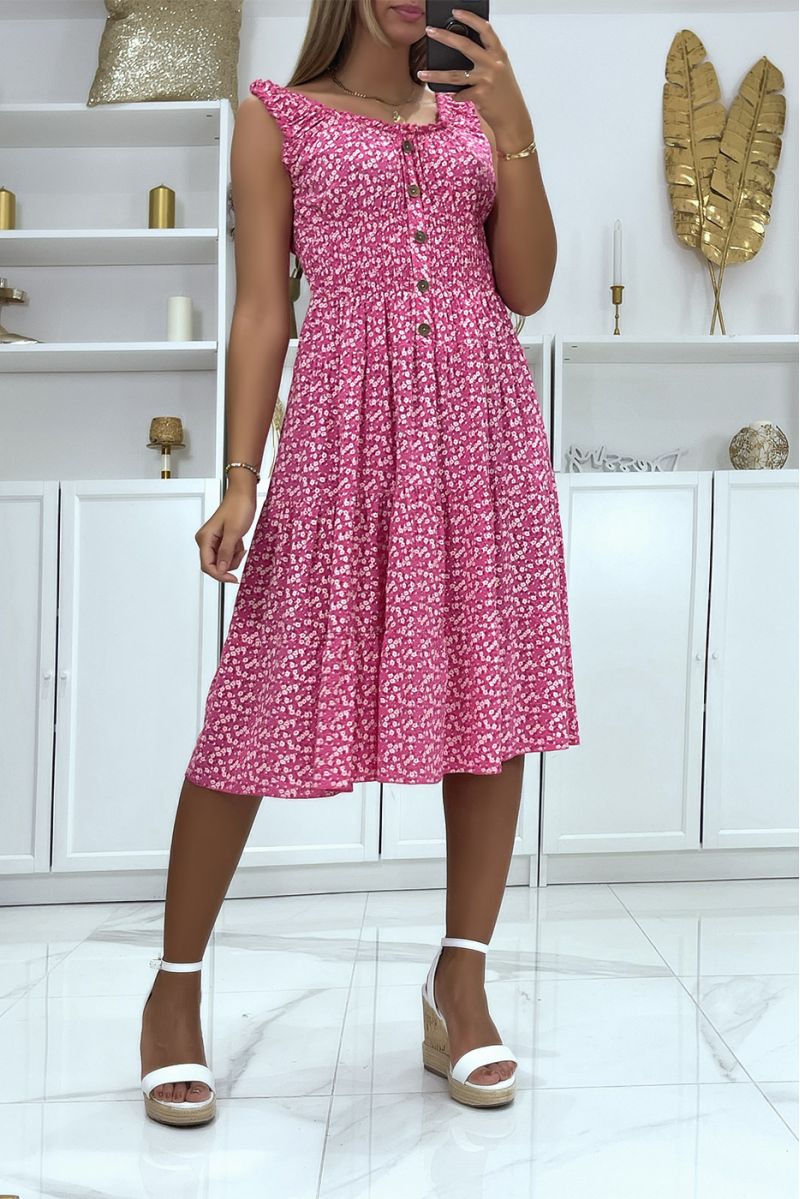 Robe mi long col bateau motif liberty fuchsia  - 1