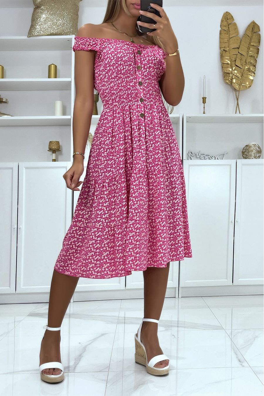 Midi-jurk met boothals en fuchsia Liberty-motief - 2