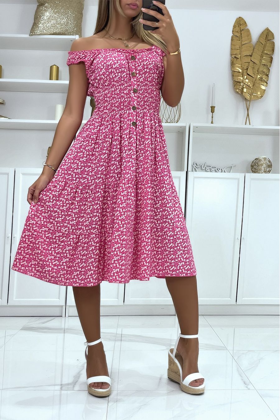 Robe mi long col bateau motif liberty fuchsia  - 3