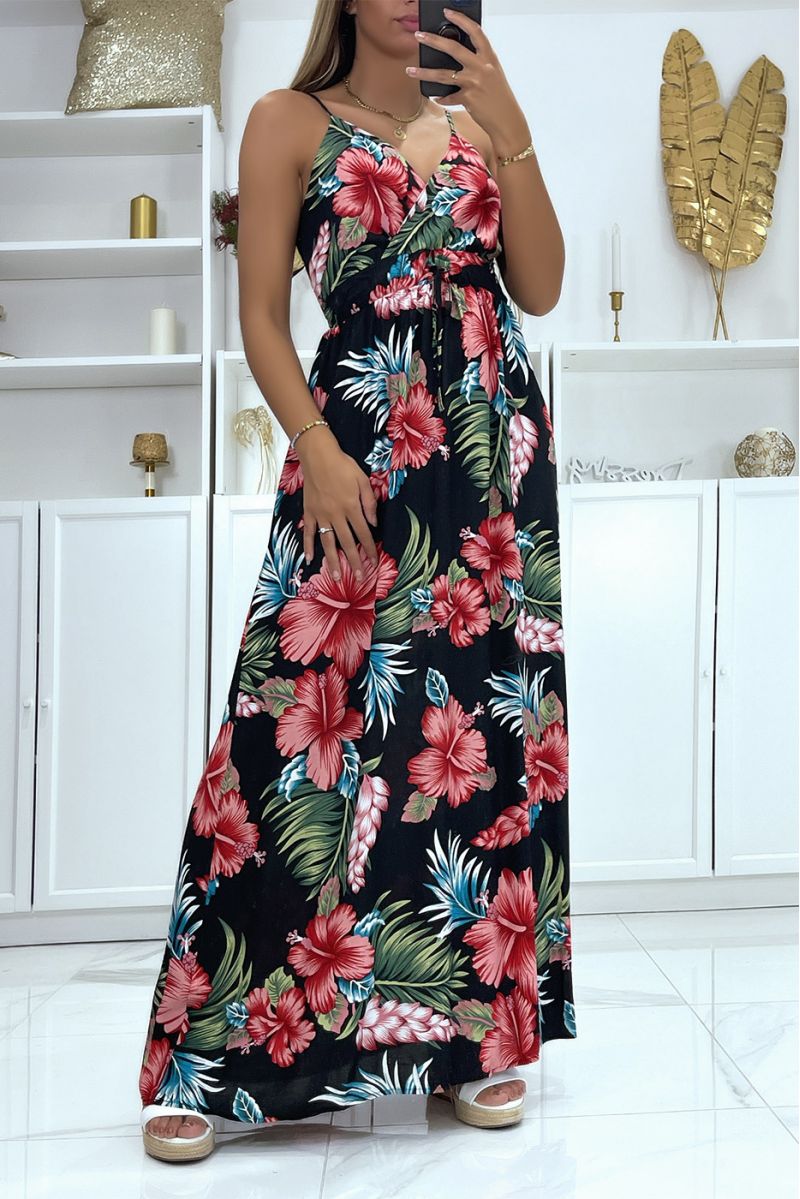 Very chic long dress with black and pink floral pattern - 1