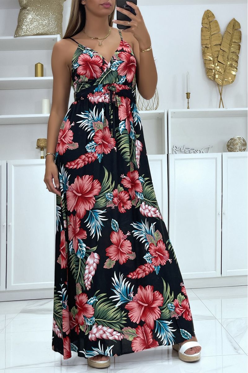 Zeer chique lange jurk met zwart en roze bloemenpatroon - 2
