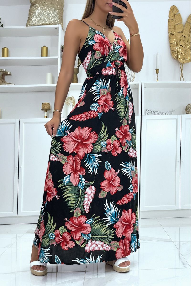 Longue robe très chic motif fleuris noir et rose - 3