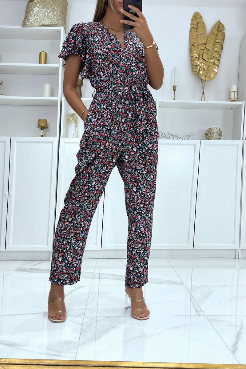 zeer chique zwarte jumpsuit met bloemenpatroon met zakken en riem - 1