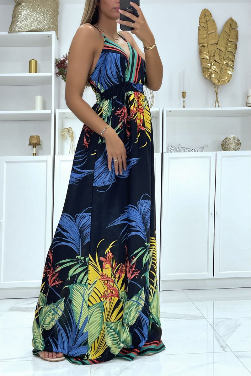 Very chic long dress with floral pattern in black background - 3