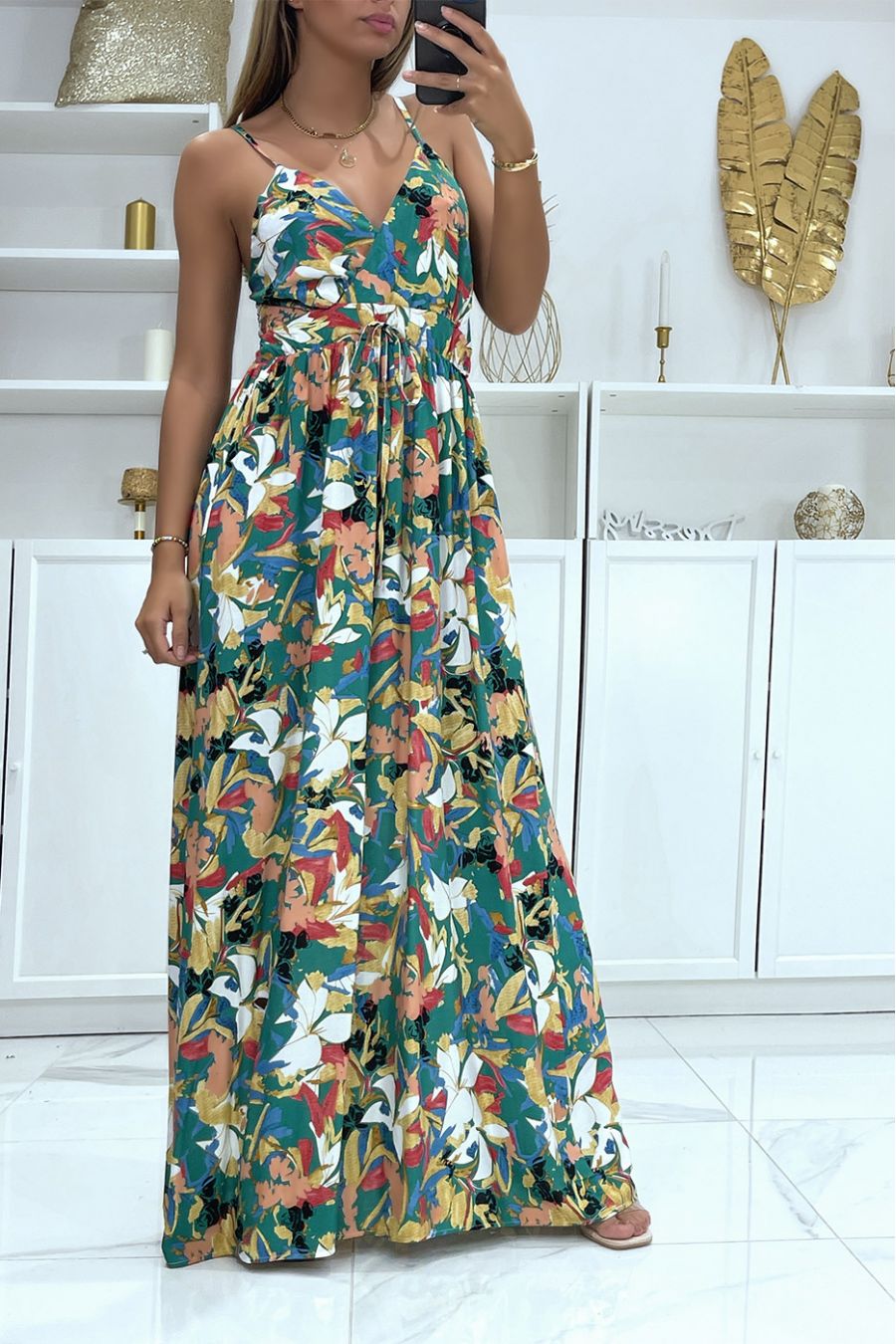 Long very chic patterned dress with predominantly green - 2
