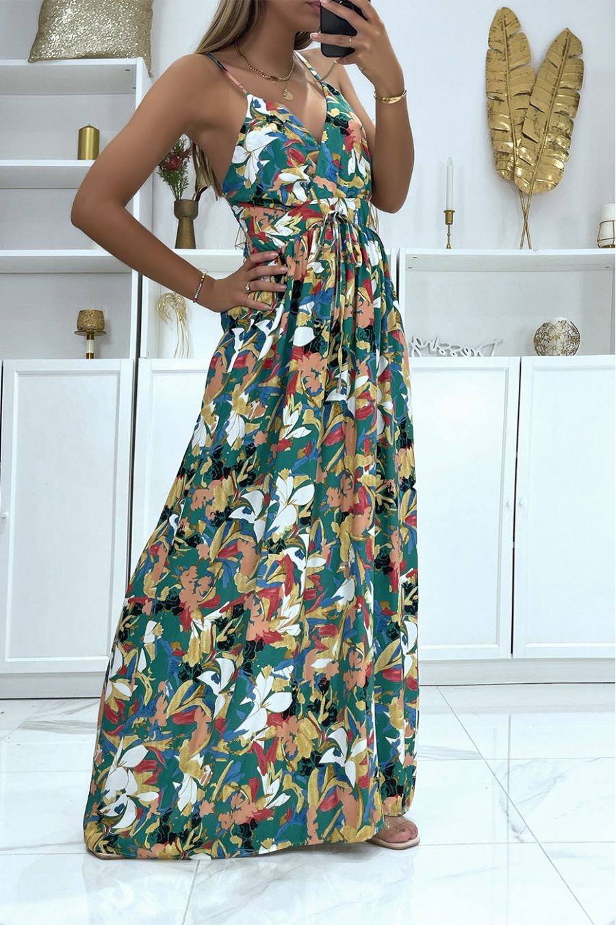 Long very chic patterned dress with predominantly green - 3