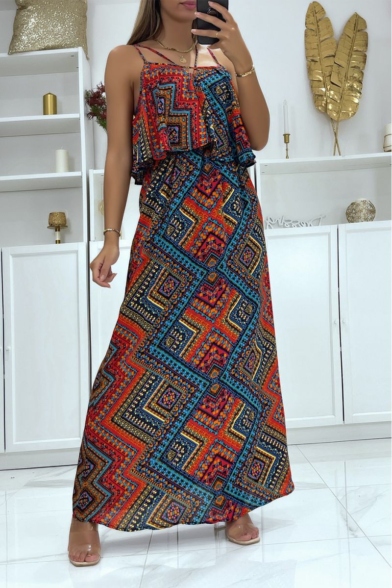 Long dress with flounce at the bust and black and red pattern - 1