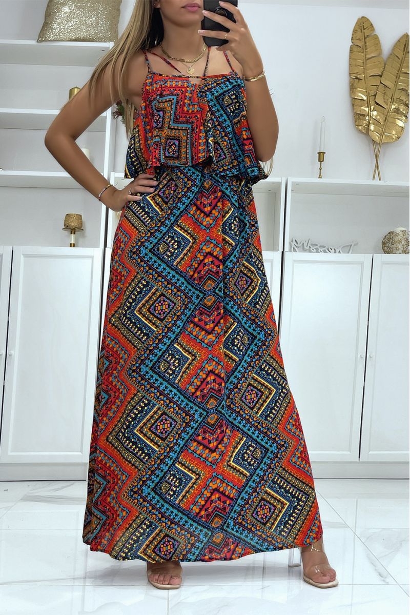 Longue robe avec volant au buste et motif noir et rouge  - 2