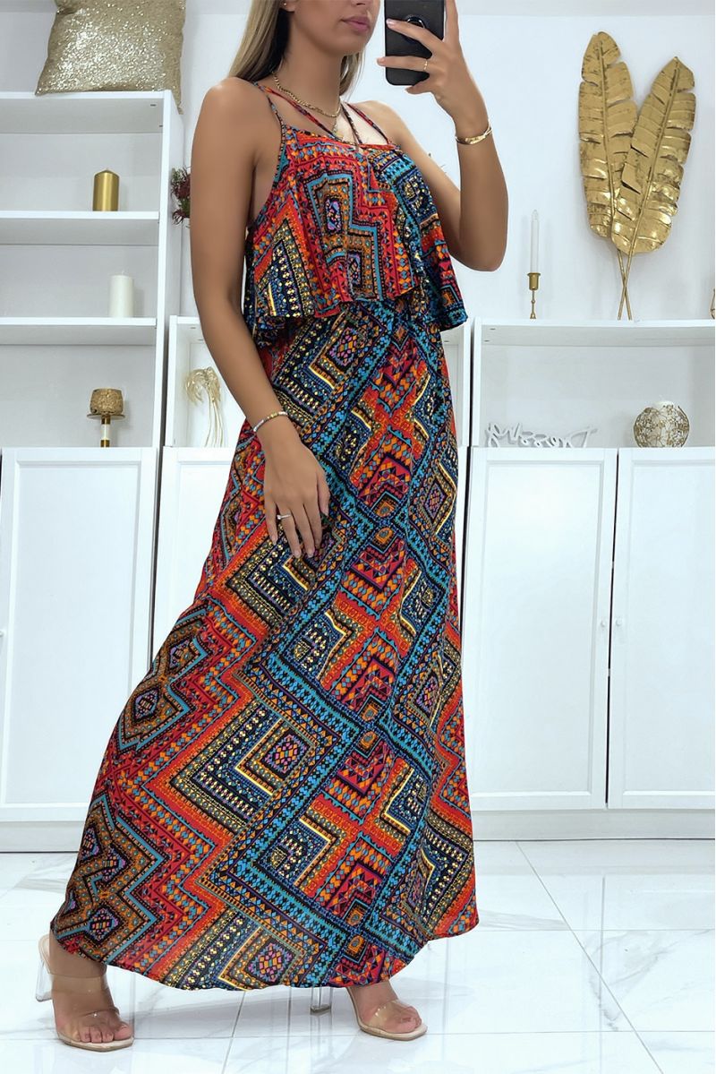 Longue robe avec volant au buste et motif noir et rouge  - 3