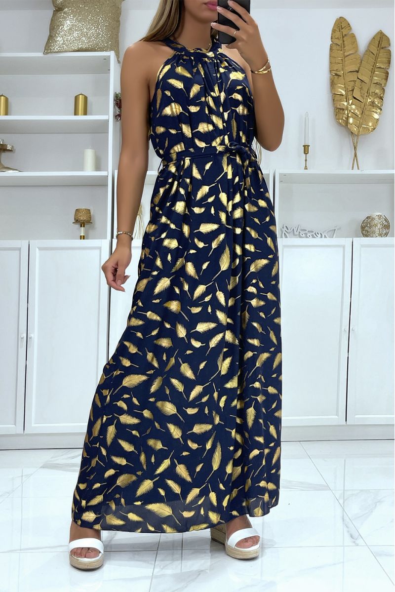 Long navy feather pattern dress with collar tie - 1