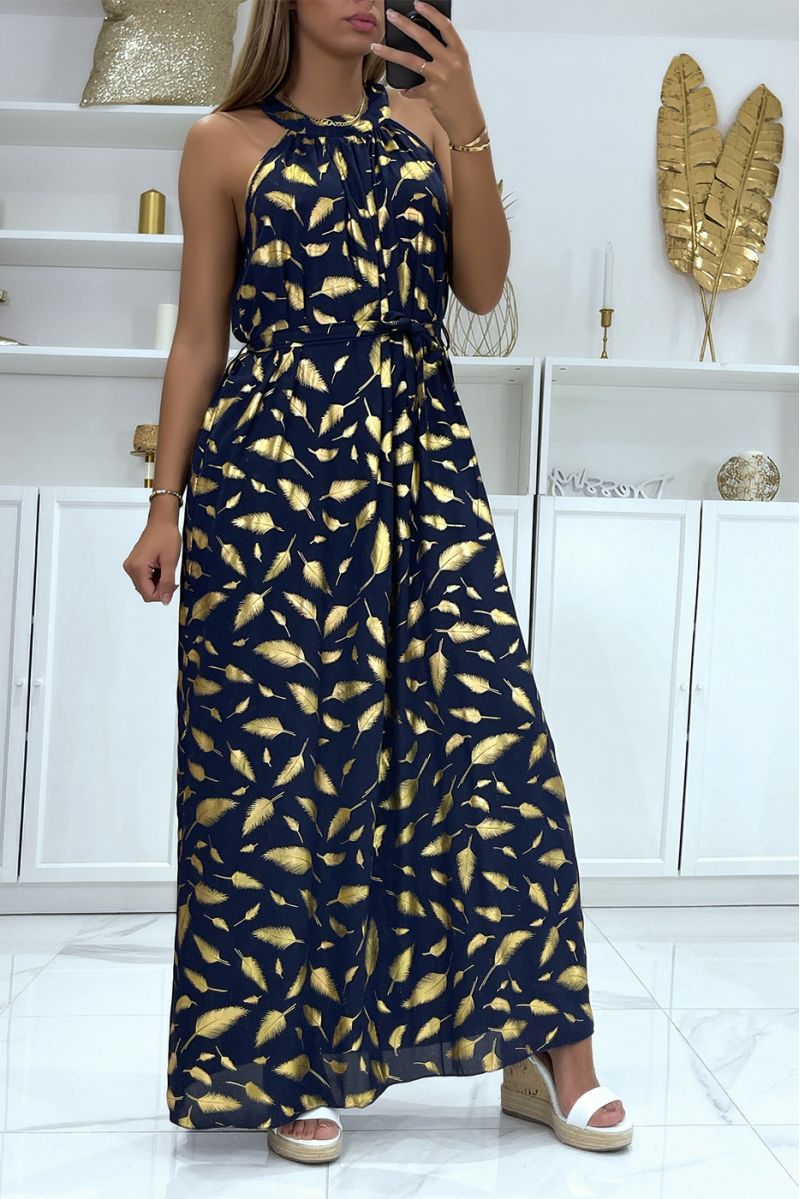 Long navy feather pattern dress with collar tie - 2