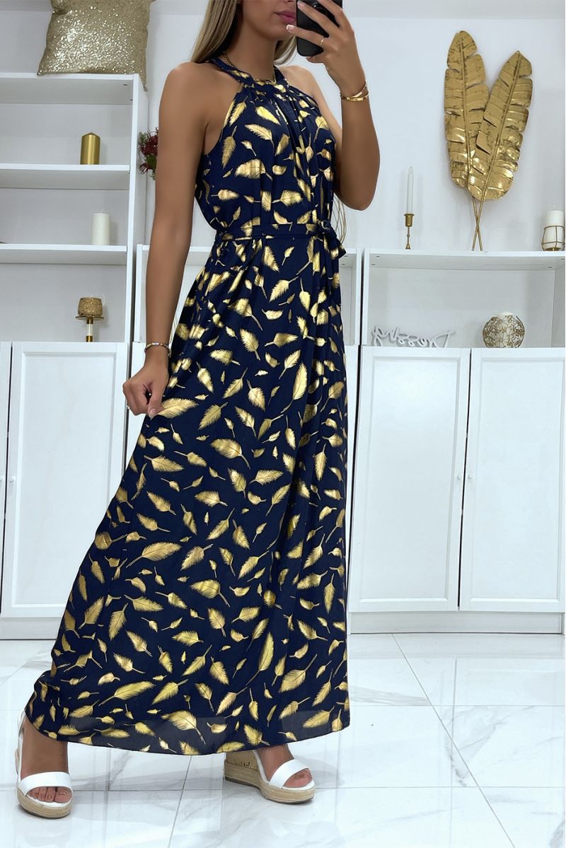 Long navy feather pattern dress with collar tie - 3
