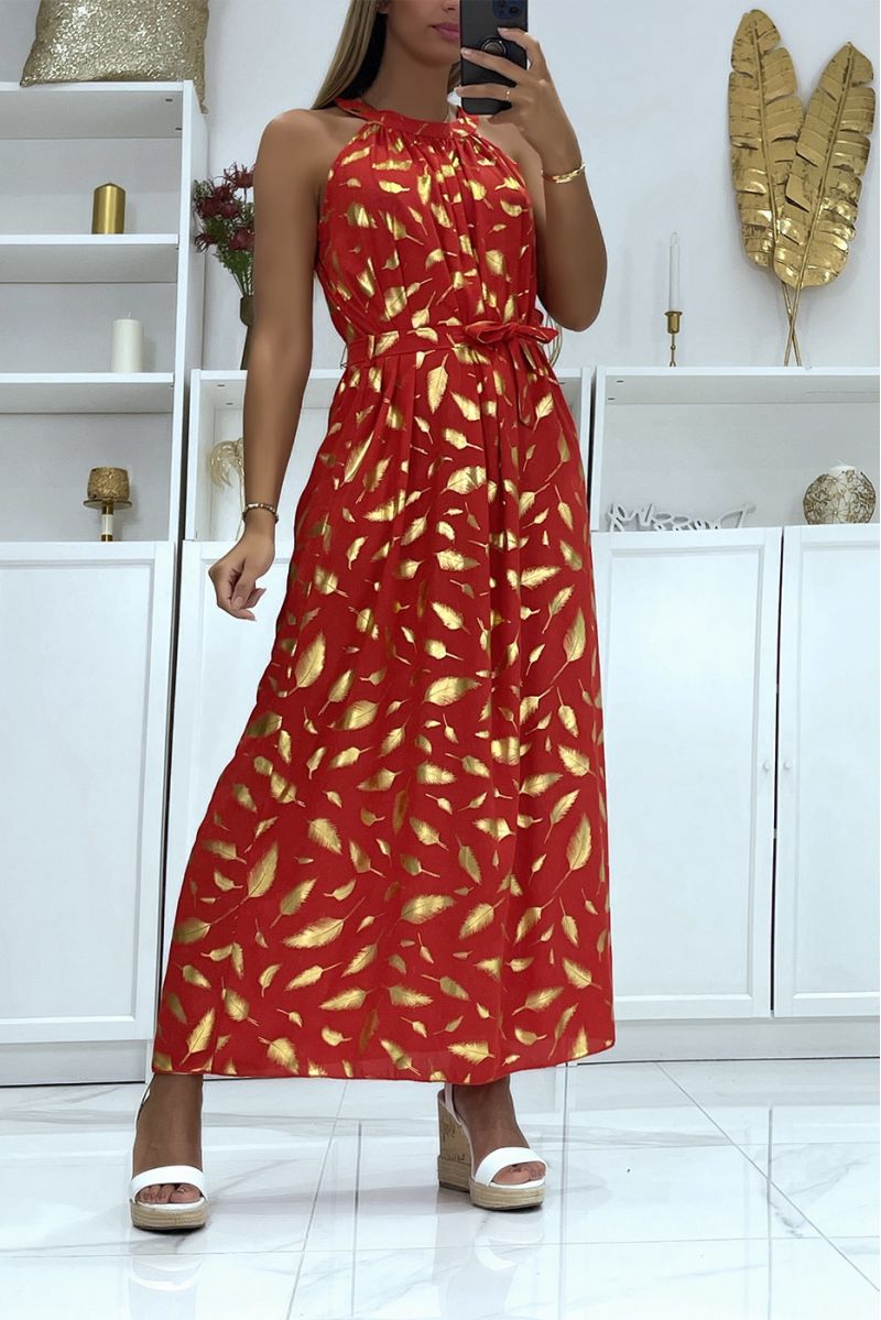 Long red feather pattern dress with collar tie - 1