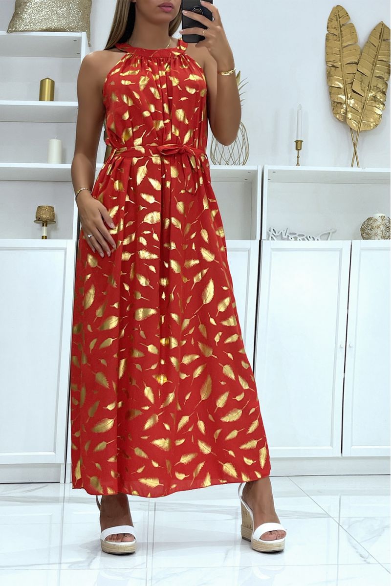 Lange jurk met rood verenpatroon en kraagstrik - 2