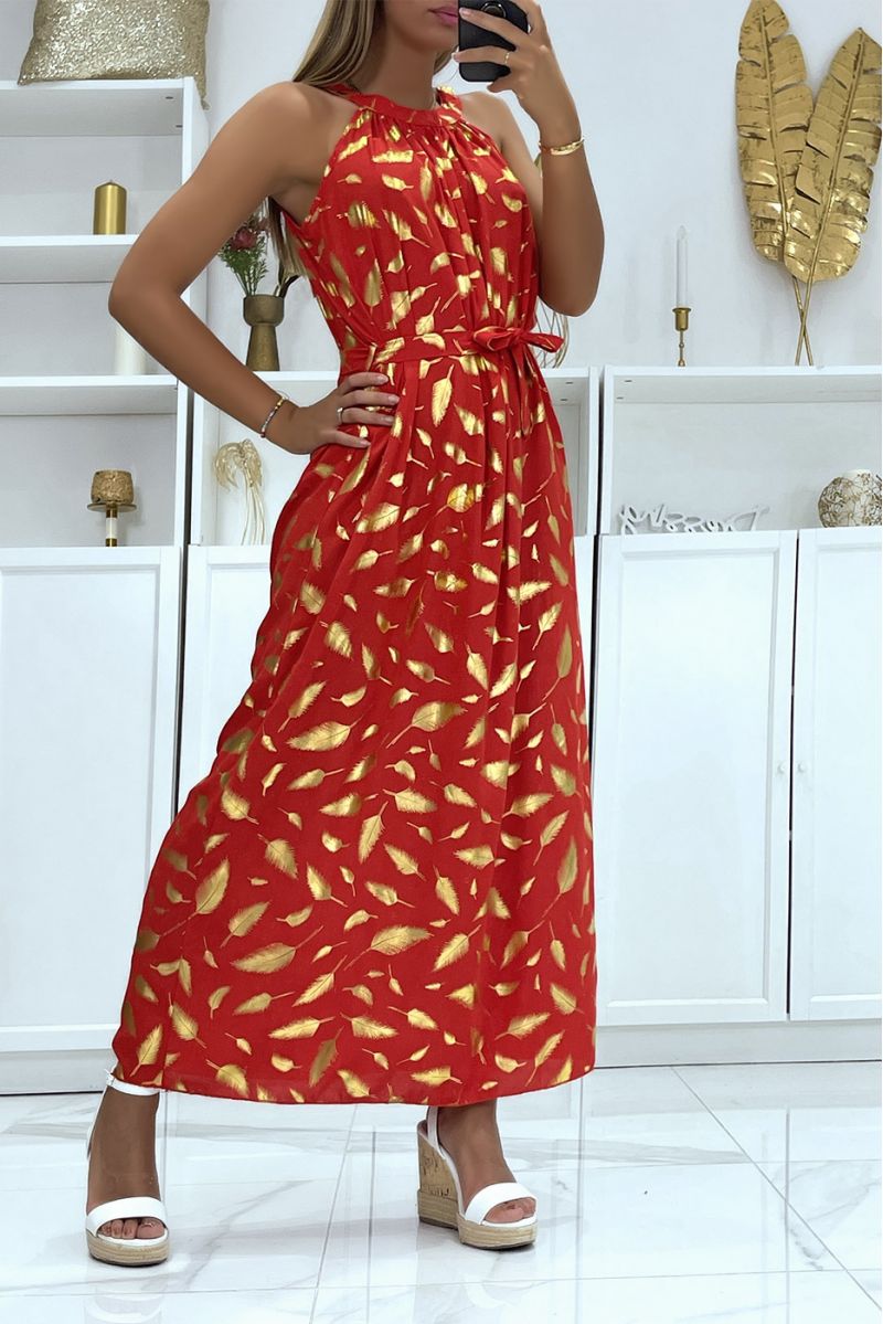 Long red feather pattern dress with collar tie - 3