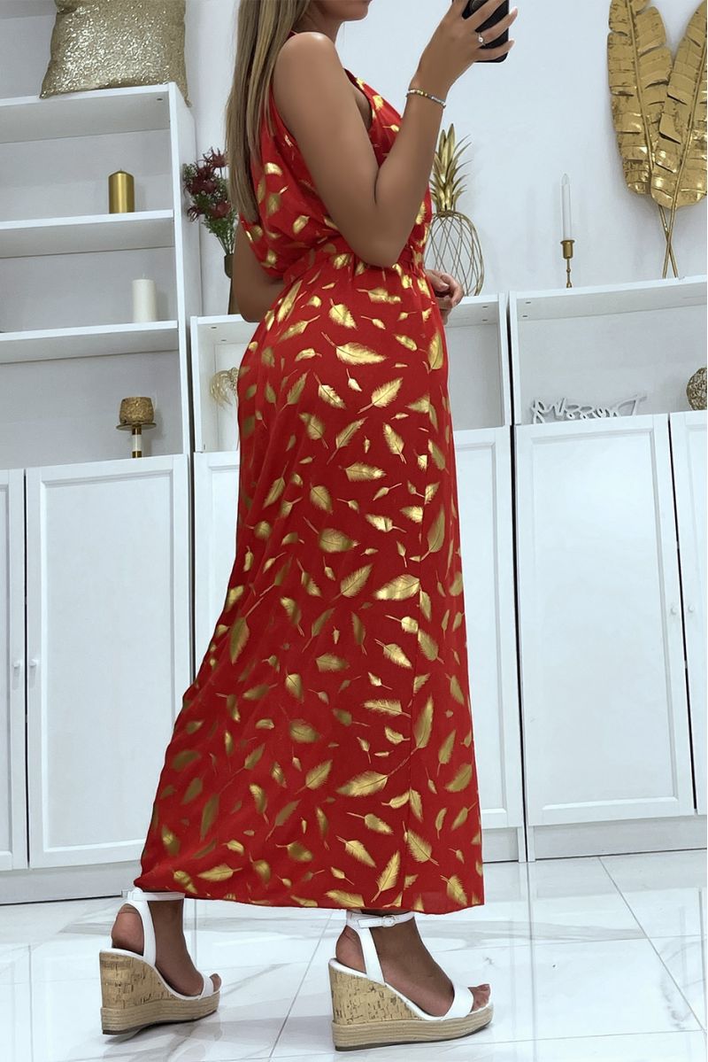 Long red feather pattern dress with collar tie - 4