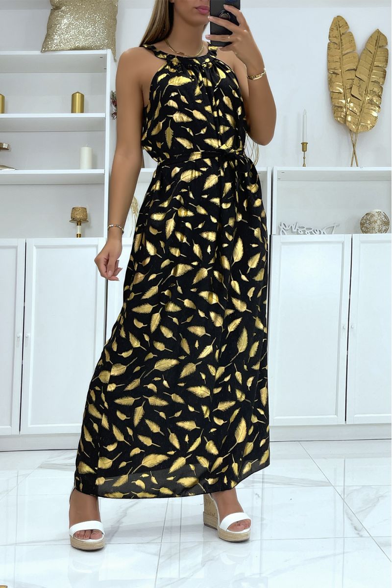 Long black feather pattern dress with collar tie - 1