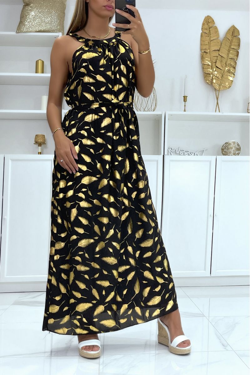 Long black feather pattern dress with collar tie - 2