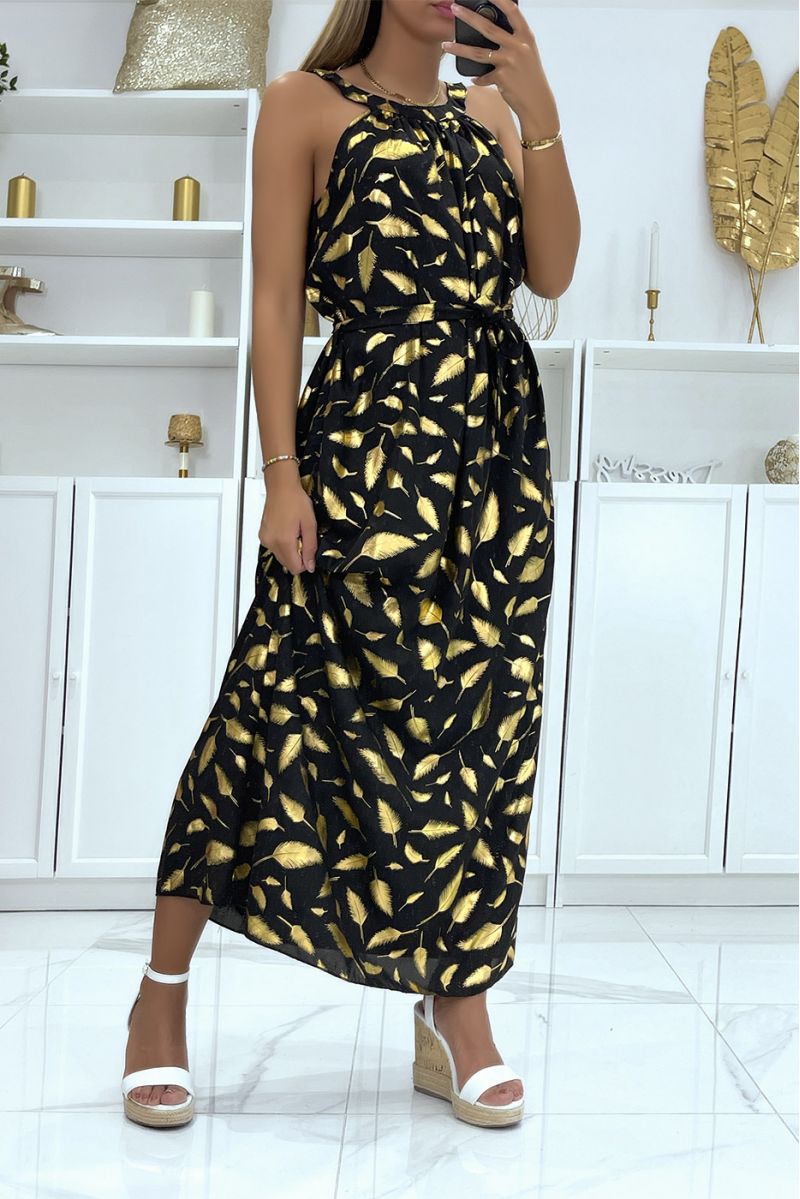 Long black feather pattern dress with collar tie - 3