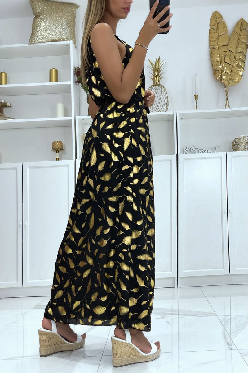 Long black feather pattern dress with collar tie - 4
