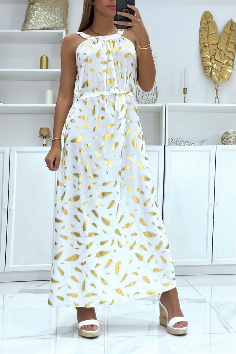 Long white feather pattern dress with collar tie - 2