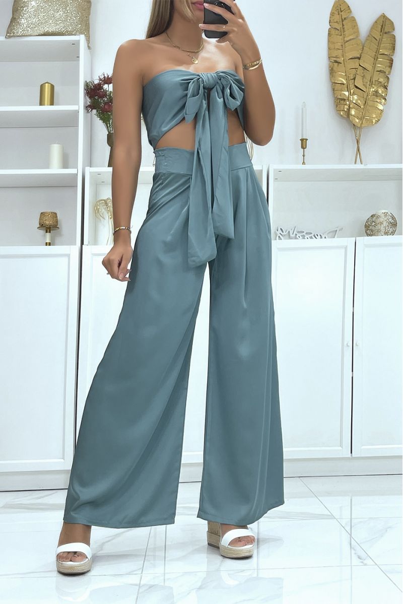 Ensemble bandeau et pantalon palazzo vert satiné  - 1
