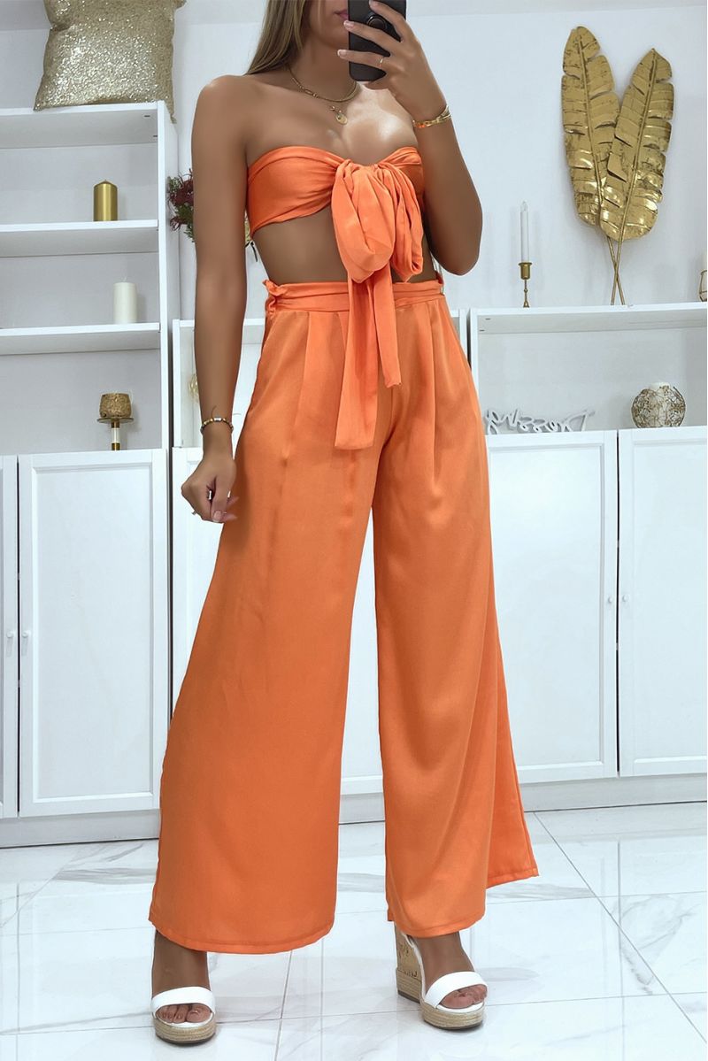 Ensemble bandeau et pantalon palazzo orange satiné  - 1