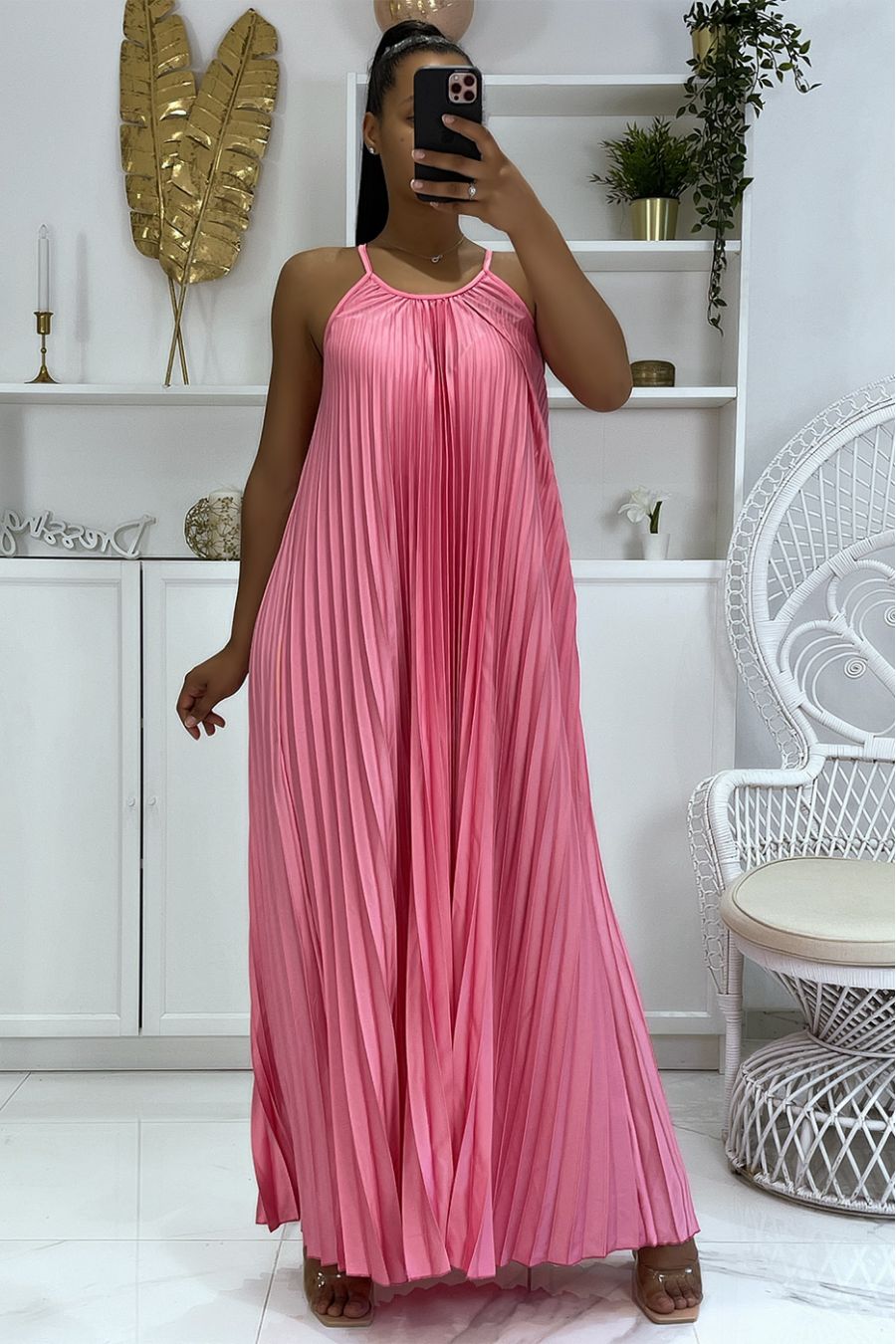 Zeer stijlvolle lange fuchsia geplooide jurk - 1