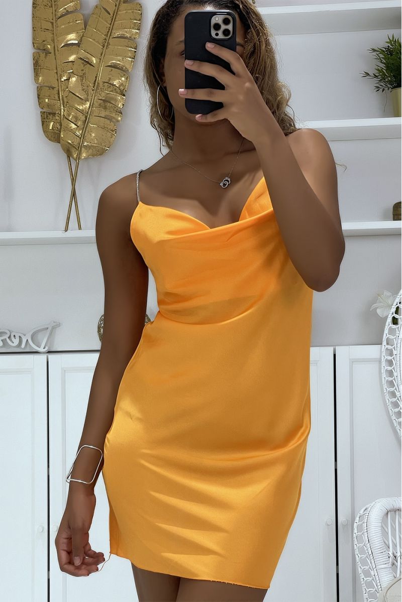 Orange satin mini dress with thin shiny straps - 6