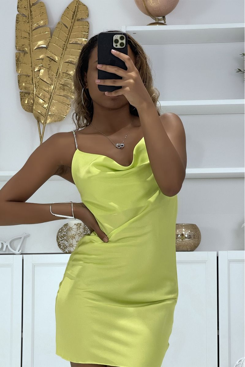 Anise green satin mini dress with thin shiny straps - 3