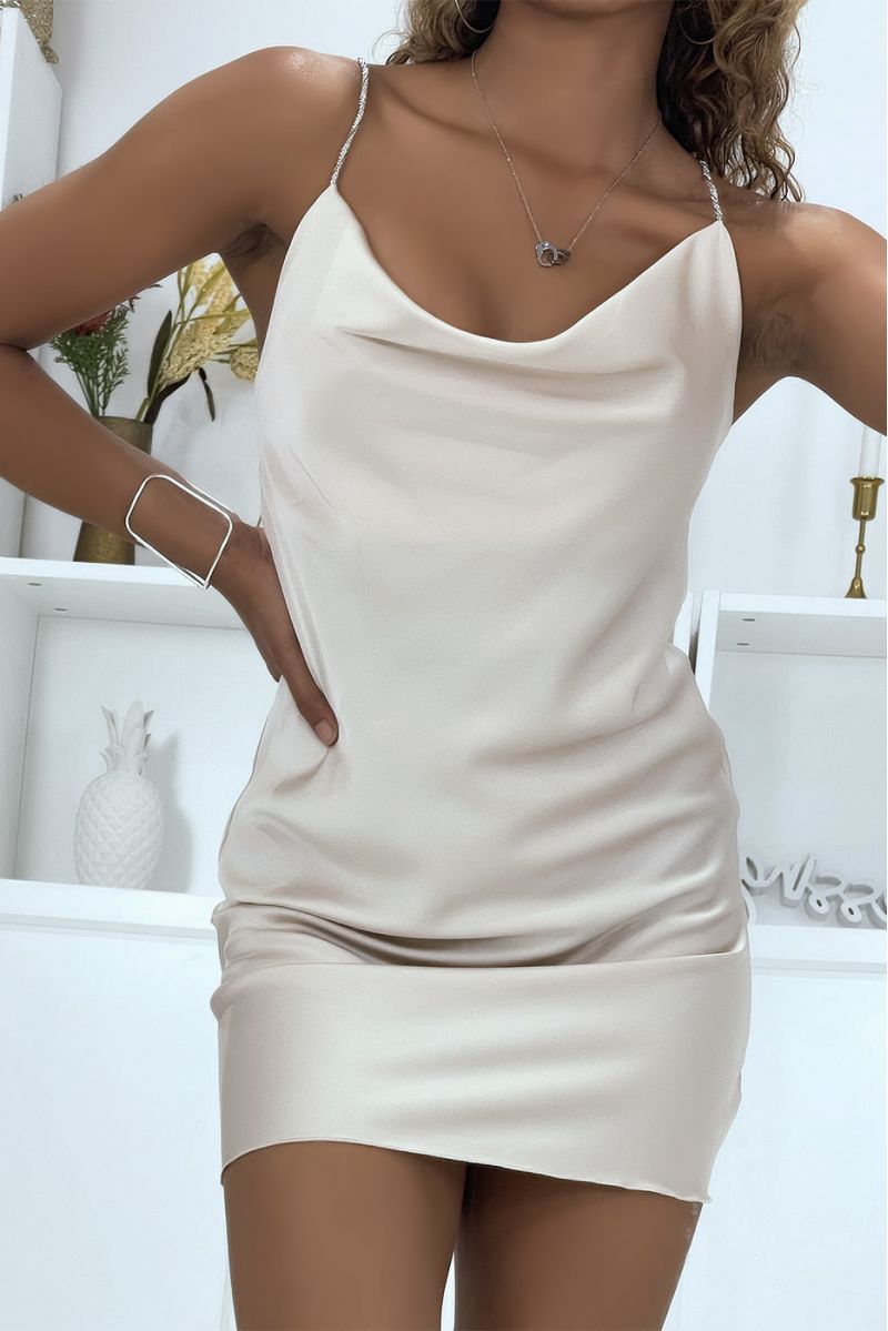 Beige satin mini dress with thin shiny straps - 3