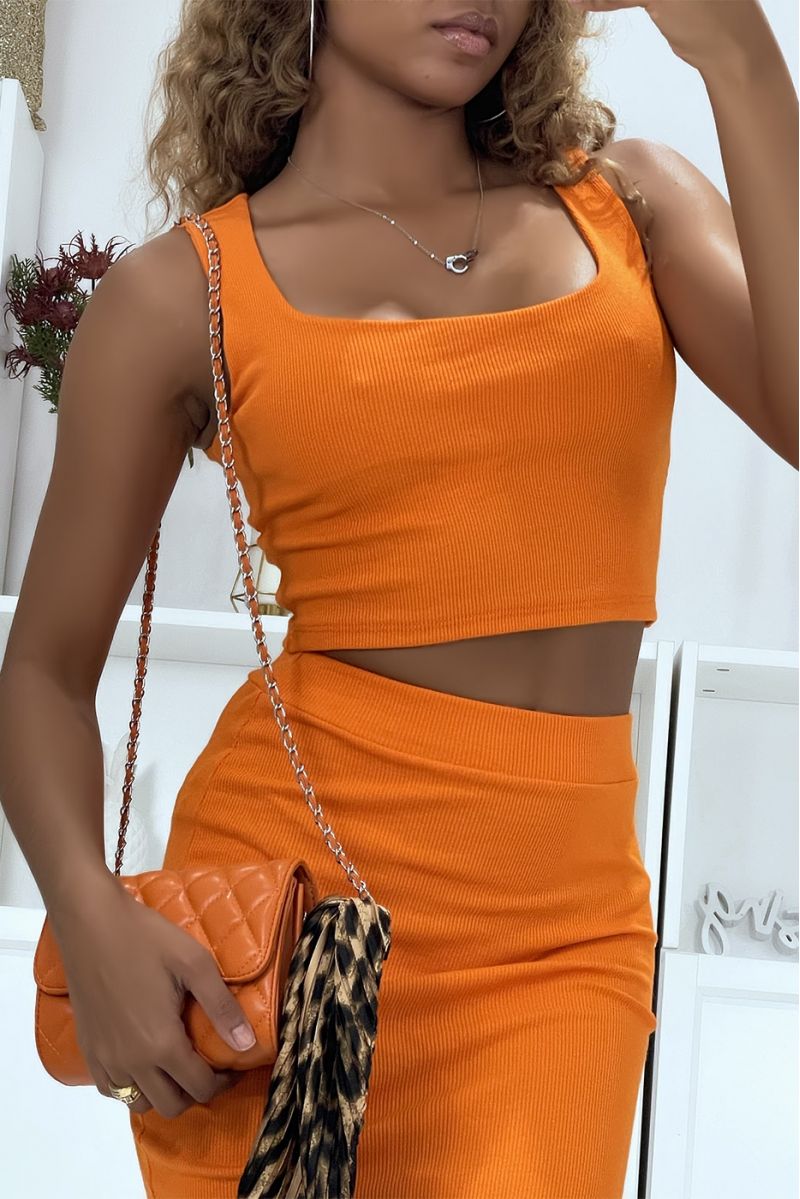 Orange ribbed material set with pencil skirt tank top - 2