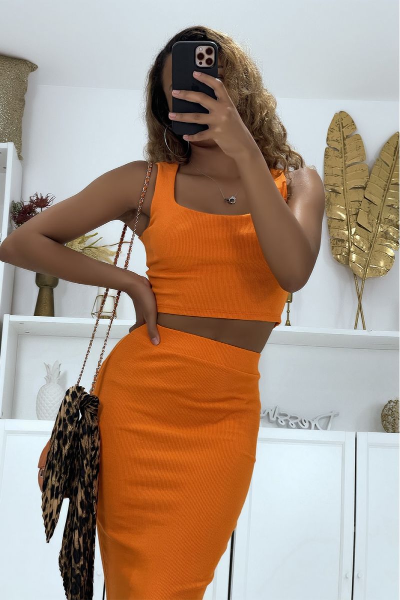 Oranje geribbelde materiaalset met tanktop met kokerrok - 4