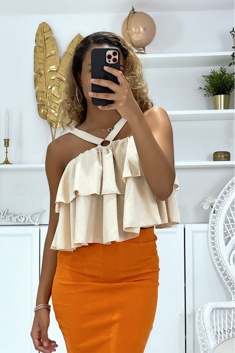 Beige top with ruffles and crossed straps - 1