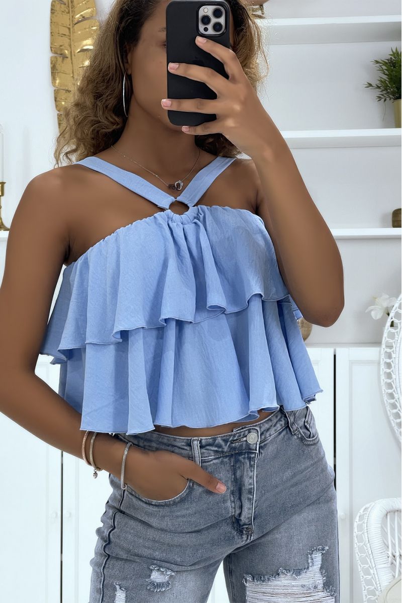 Turquoise blue top with ruffles and crossed straps - 1