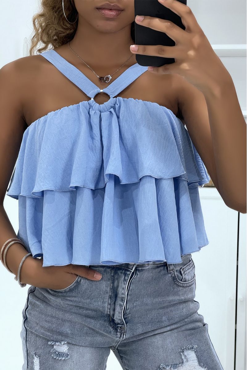 Turquoise blue top with ruffles and crossed straps - 3
