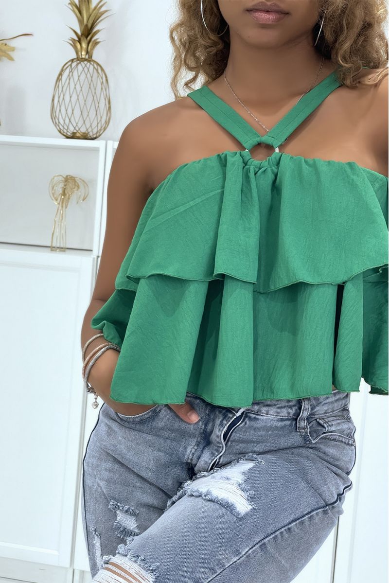 Green top with ruffles and crossed straps - 3