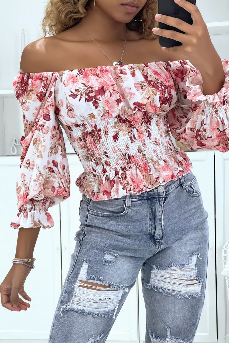 Top col bardot à fleurs blanc - 2
