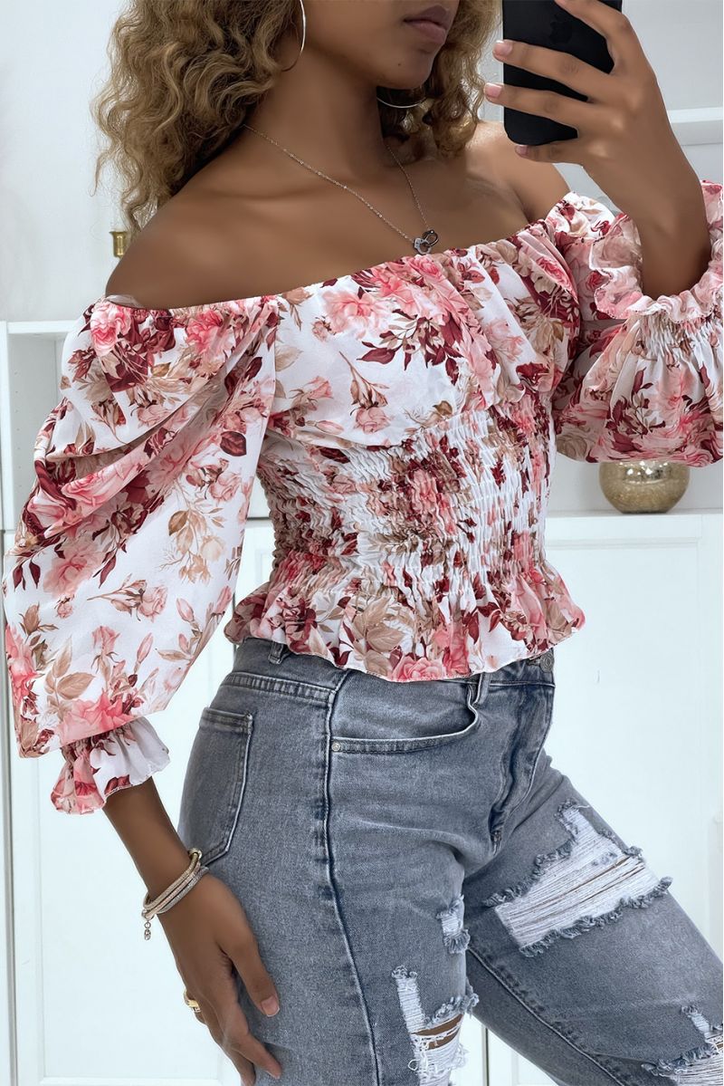 Top col bardot à fleurs blanc - 3