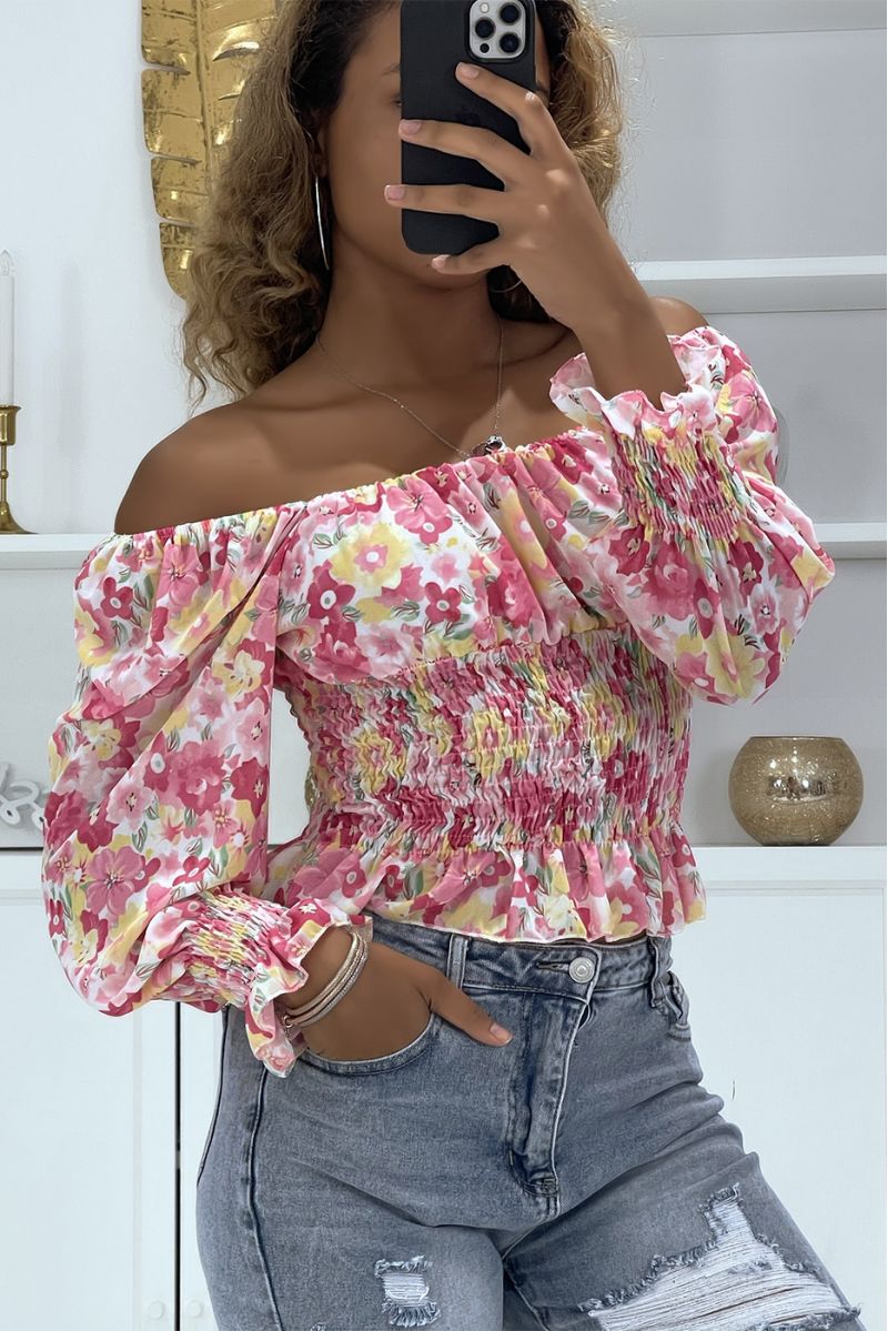 Bardot neck top with pink flowers - 1