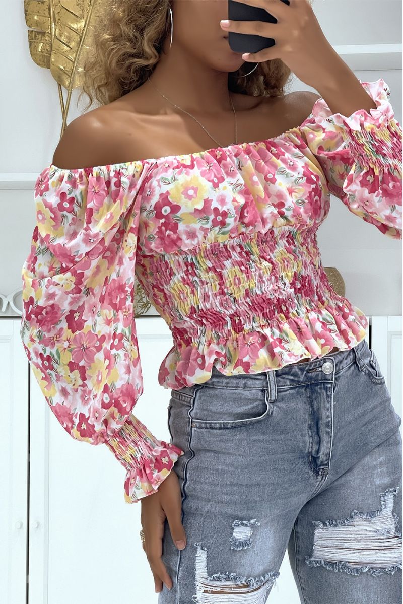 Bardot neck top with pink flowers - 2