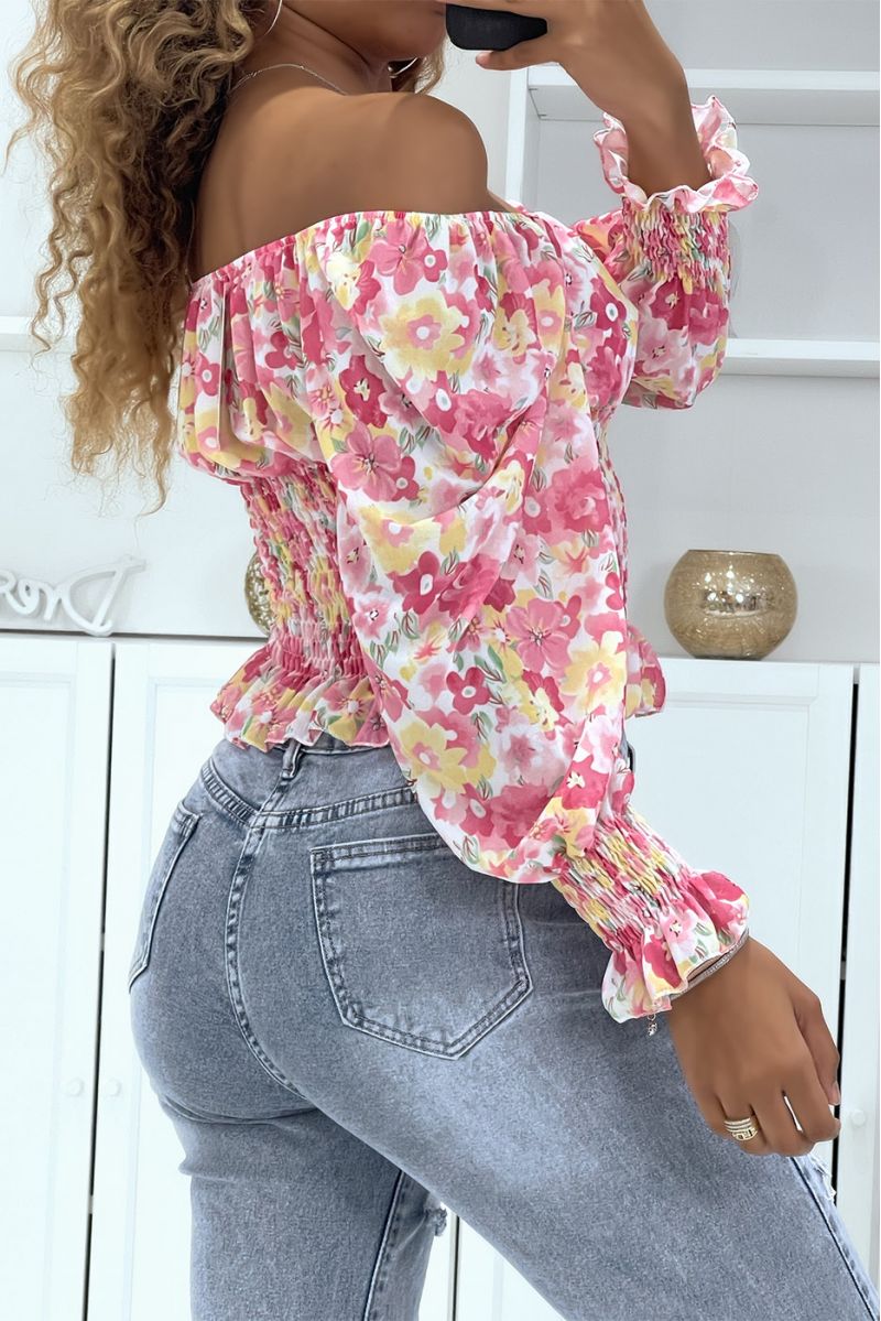 Bardot neck top with pink flowers - 3