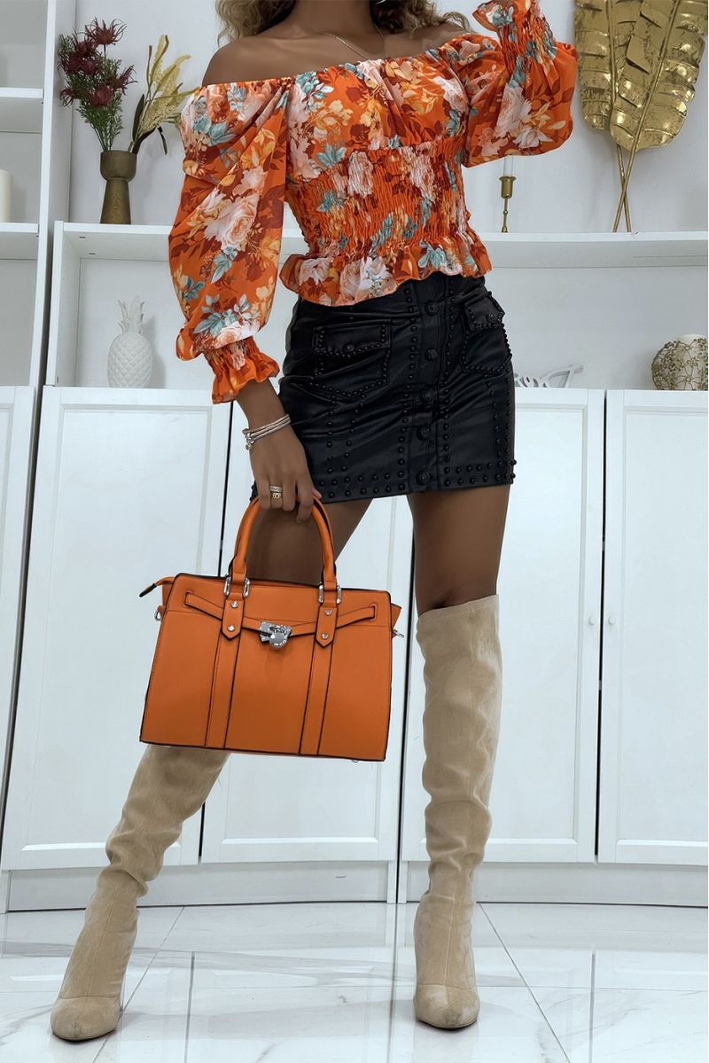 Bardot neck top with orange flowers - 1