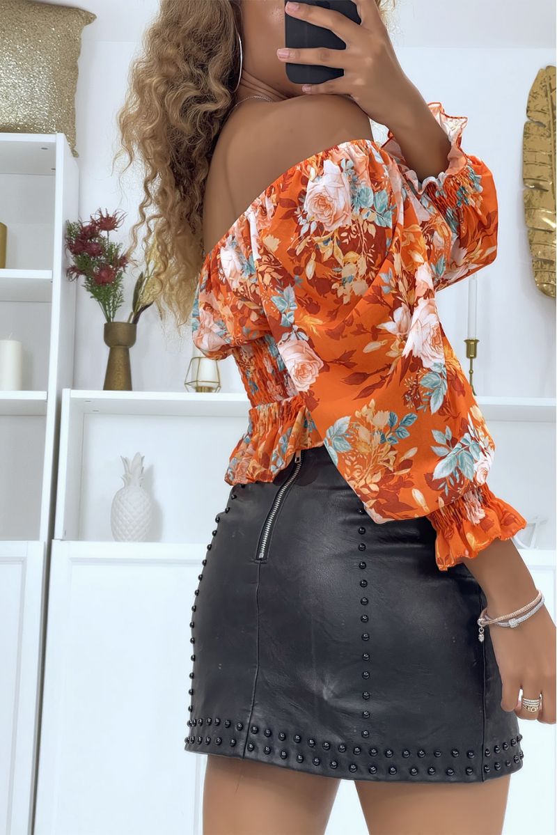 Top met bardot-hals en oranje bloemen - 3