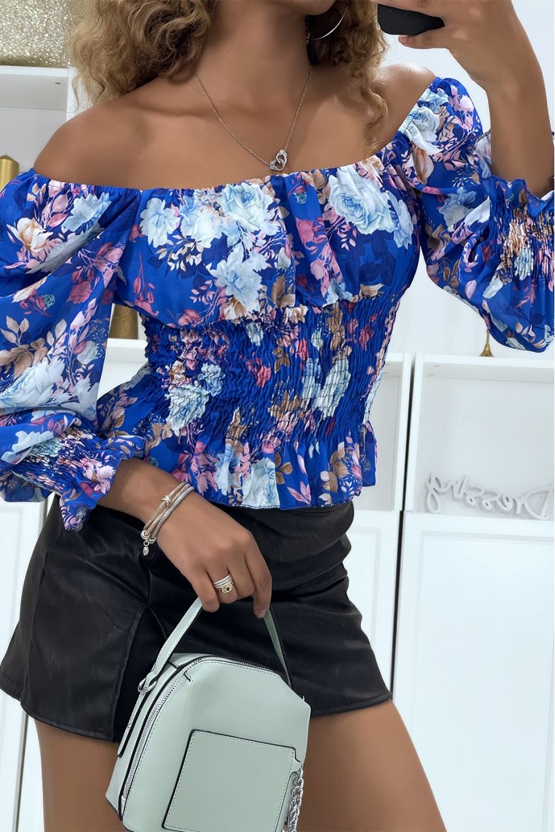 Bardot collar top with royal flowers - 3