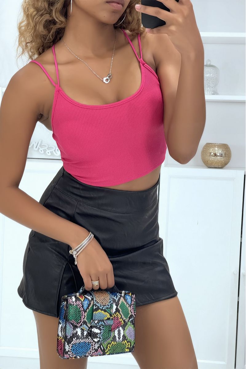 Fuchsia bralette crop top with crossed straps and padded cups - 2