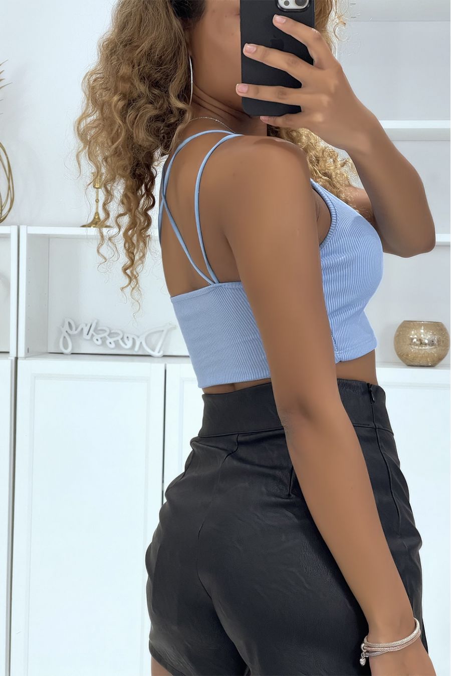 Blue bralette crop top with crossed straps and padded cups - 2
