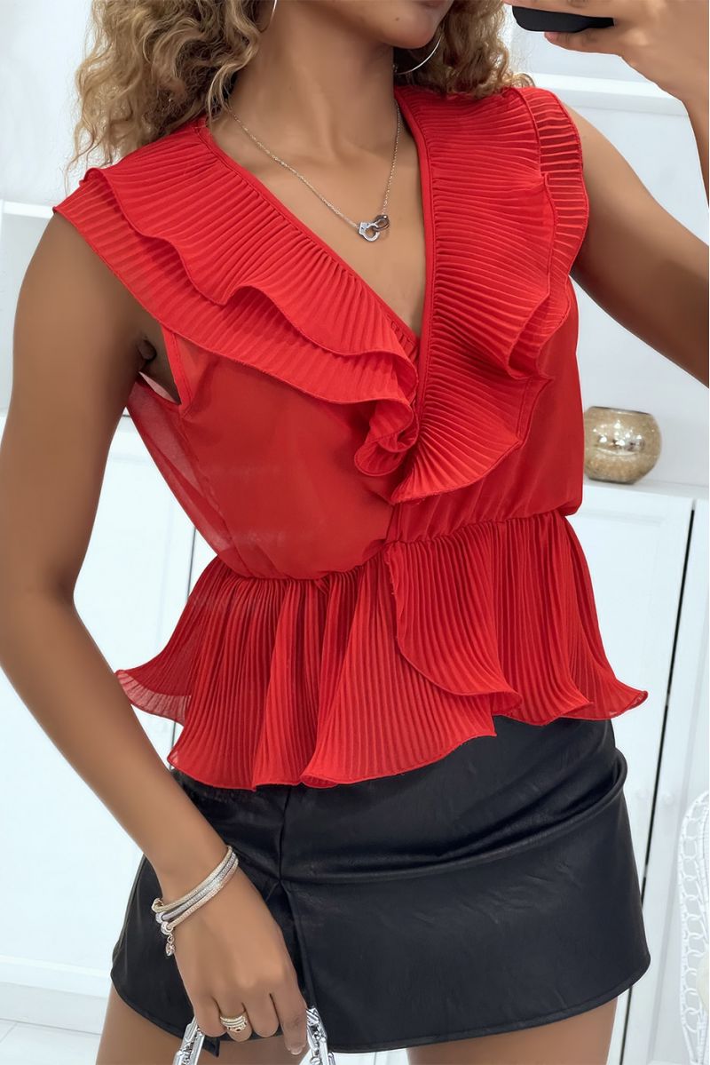 Red wrap top with pleated ruffles - 2