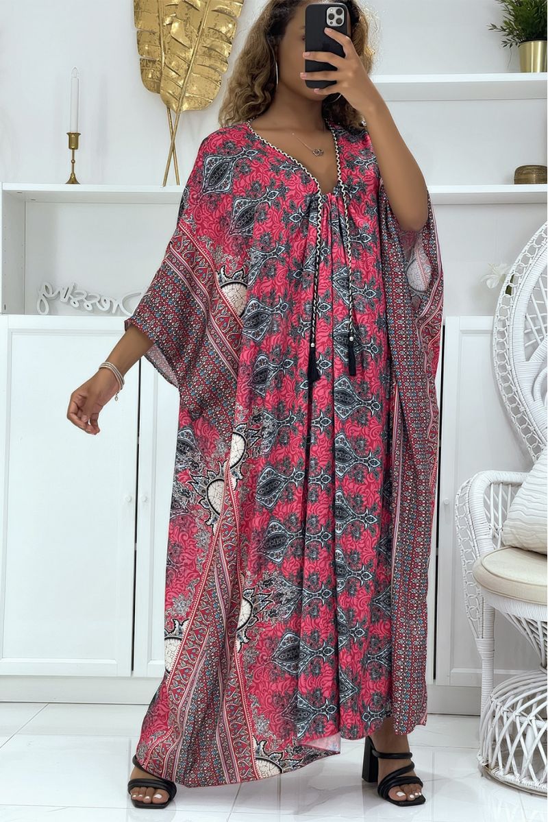 Lange fuchsia oversized tuniek met oosters patroon en vleermuismouwen - 1